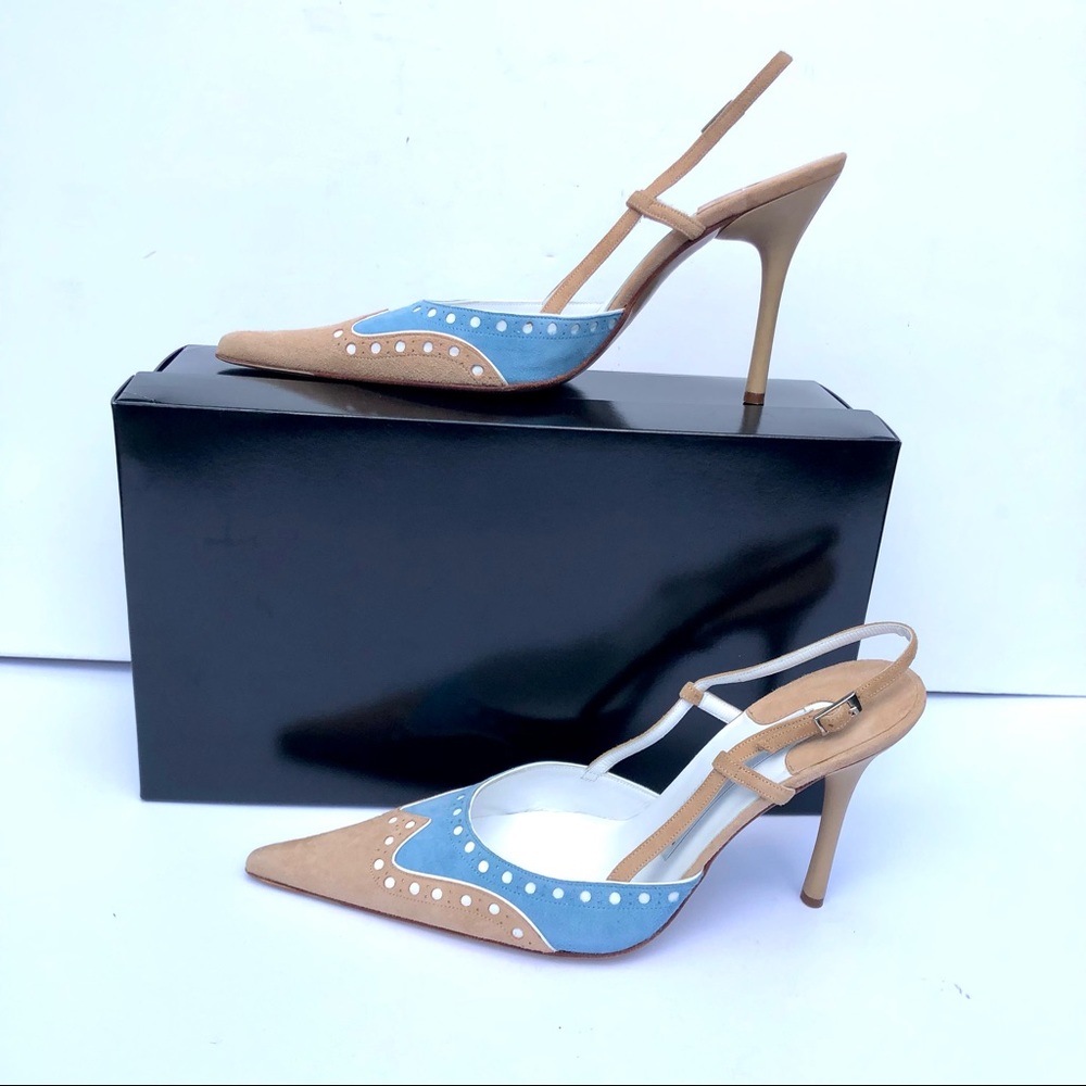 Domenico Vacca light blue and tan suede wingtip sling backs Sz 8 eu 38
